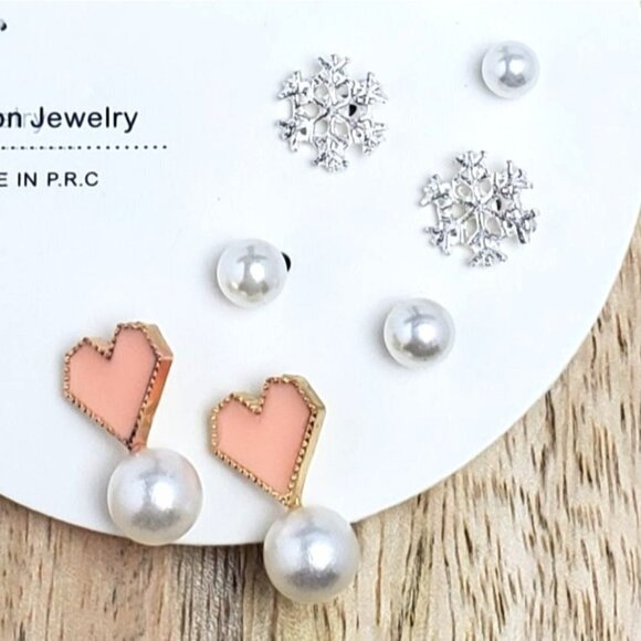 Winter Snowflake Heart Stars Pearl Posts 7 Pairs Earrings - Picture 2 of 4